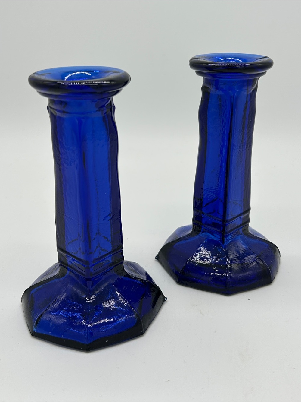 Upper Canada Soap & Candle Makers Cobalt Blue Glass Candlestick Holders Spain